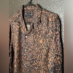 All Saints Men’s Halftone Warped Animal Print Woodland Brown Relaxed Fit Shirt